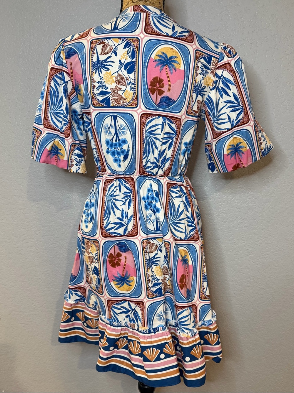 Joie Tile Beach Floral Mini Dress in Blue, Pink & Tan - Picture 4 of 5
